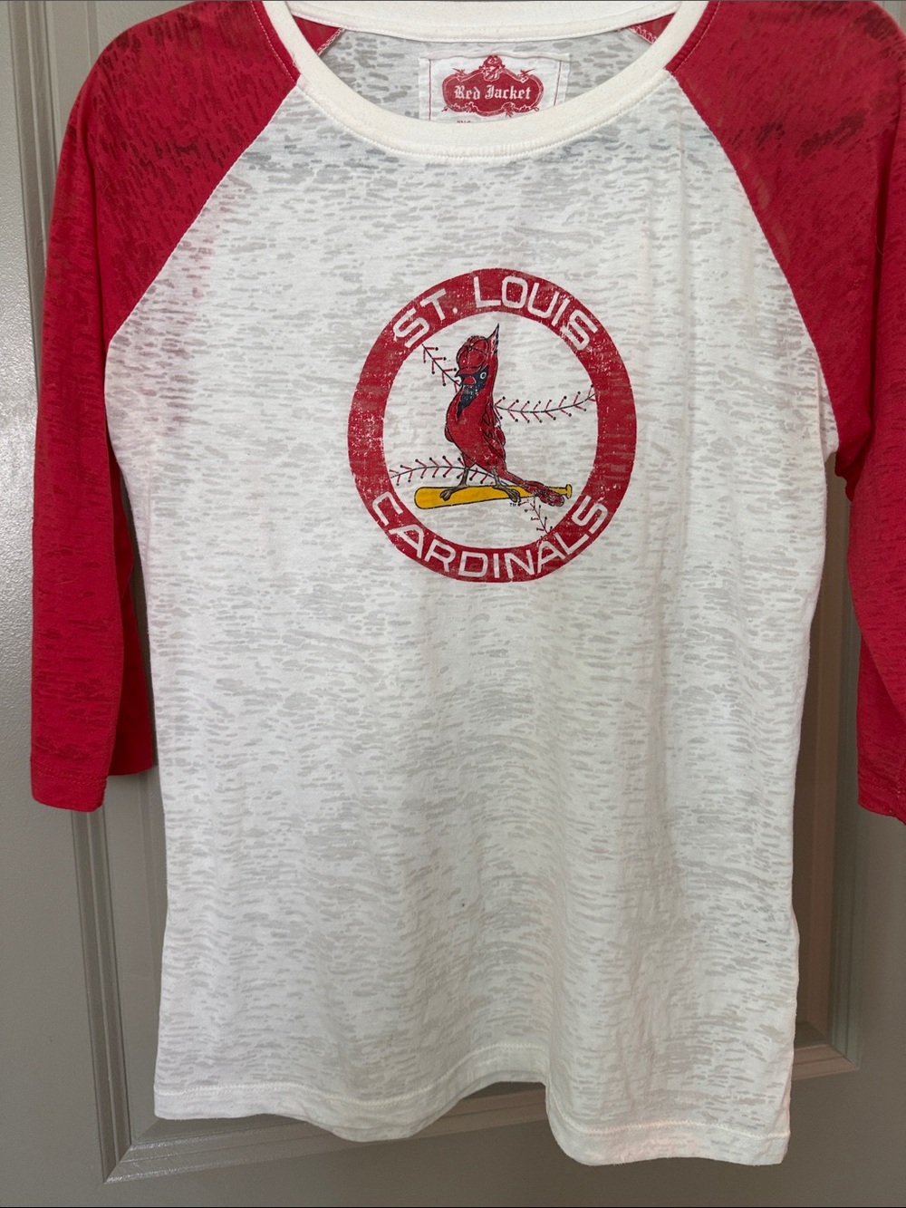 Red Jacket White Saint Louis cardinals XL Burnout Raglan Tee with Red Sleeves